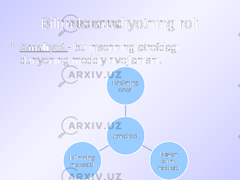 Bilimda amaliyotning roli • Amaliyot - bu insonning atrofdagi dunyoning moddiy rivojlanishi. AmaliyotIdrokning asosi Mezon bilim haqiqatiBilimning maqsadi 