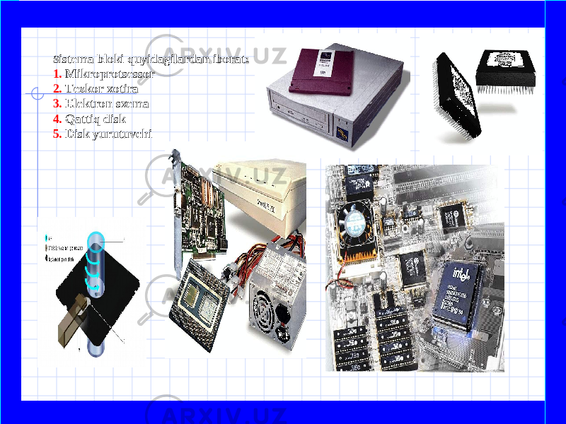  S istema bloki quyidagilardan iborat: 1. Mikroprotsessor 2. Tezkor xotira 3. Elektron sxema 4. Qattiq disk 5. Disk yurutuvchi   