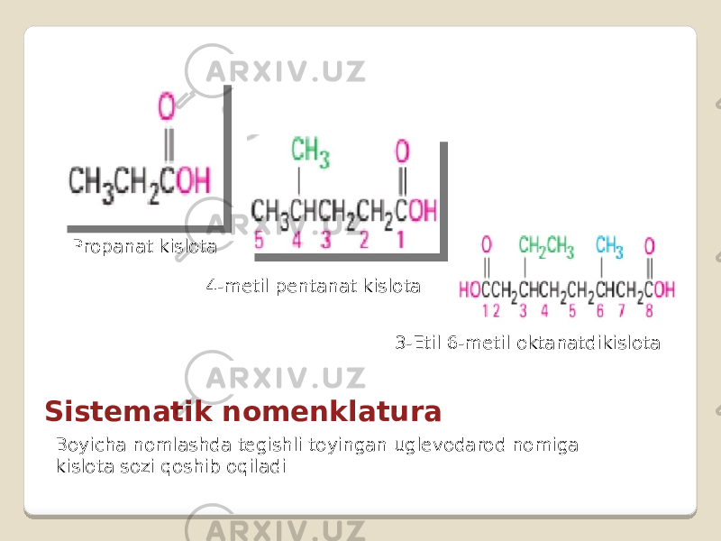Sistematik nomenklatura Boyicha nomlashda tegishli toyingan uglevodarod nomiga kislota sozi qoshib oqiladi Propanat kislota 4-metil pentanat kislota 3-Etil 6-metil oktanatdikislota 