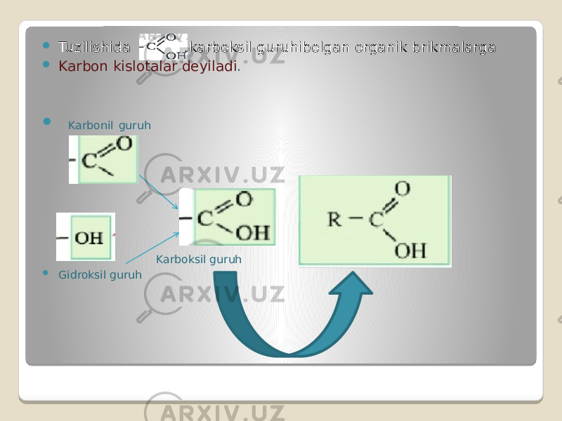   Tuzilishida karboksil guruhibolgan organik brikmalarga  Karbon kislotalar deyiladi .  Karbonil guruh Karboksil guruh  Gidroksil guruh 