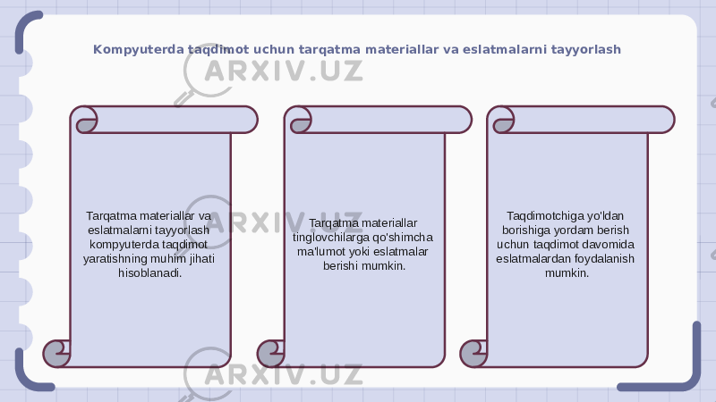 Kompyuterda taqdimot uchun tarqatma materiallar va eslatmalarni tayyorlash Tarqatma materiallar va eslatmalarni tayyorlash kompyuterda taqdimot yaratishning muhim jihati hisoblanadi. Tarqatma materiallar tinglovchilarga qo&#39;shimcha ma&#39;lumot yoki eslatmalar berishi mumkin. Taqdimotchiga yo&#39;ldan borishiga yordam berish uchun taqdimot davomida eslatmalardan foydalanish mumkin. 