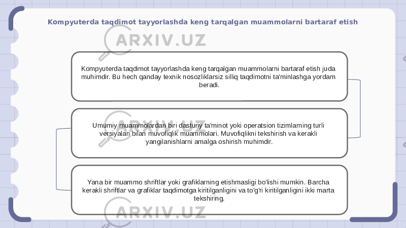 Kompyuterda taqdimot tayyorlashda keng tarqalgan muammolarni bartaraf etish Kompyuterda taqdimot tayyorlashda keng tarqalgan muammolarni bartaraf etish juda muhimdir. Bu hech qanday texnik nosozliklarsiz silliq taqdimotni ta&#39;minlashga yordam beradi. Umumiy muammolardan biri dasturiy ta&#39;minot yoki operatsion tizimlarning turli versiyalari bilan muvofiqlik muammolari. Muvofiqlikni tekshirish va kerakli yangilanishlarni amalga oshirish muhimdir. Yana bir muammo shriftlar yoki grafiklarning etishmasligi bo&#39;lishi mumkin. Barcha kerakli shriftlar va grafiklar taqdimotga kiritilganligini va to&#39;g&#39;ri kiritilganligini ikki marta tekshiring. 