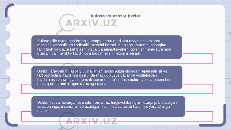 Xulosa va asosiy fikrlar Xulosa qilib aytadigan bo&#39;lsak, kompyuterda taqdimot tayyorlash ko&#39;proq moslashuvchanlik va ijodkorlik imkonini beradi. Bu sizga kontentni osongina tahrirlash va qayta tartiblash, vizual va animatsiyalarni qo‘shish hamda yanada qiziqarli va interaktiv taqdimotni taqdim etish imkonini beradi. Ushbu jarayonning asosiy yo&#39;nalishlari tarkibingizni oldindan rejalashtirish va tartibga solish, taqdimot dasturida mavjud xususiyatlar va vositalardan foydalanish va silliq va ishonchli taqdimotni ta&#39;minlash uchun yetkazib berishni mashq qilish muhimligini o&#39;z ichiga oladi. Ushbu ko&#39;rsatmalarga rioya qilish orqali siz tinglovchilaringizni o&#39;ziga jalb qiladigan va xabaringizni samarali etkazadigan kuchli va samarali taqdimot yaratishingiz mumkin. 