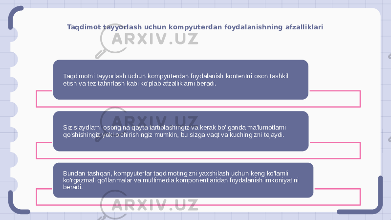 Taqdimot tayyorlash uchun kompyuterdan foydalanishning afzalliklari Taqdimotni tayyorlash uchun kompyuterdan foydalanish kontentni oson tashkil etish va tez tahrirlash kabi ko&#39;plab afzalliklarni beradi. Siz slaydlarni osongina qayta tartiblashingiz va kerak bo&#39;lganda ma&#39;lumotlarni qo&#39;shishingiz yoki o&#39;chirishingiz mumkin, bu sizga vaqt va kuchingizni tejaydi. Bundan tashqari, kompyuterlar taqdimotingizni yaxshilash uchun keng ko&#39;lamli ko&#39;rgazmali qo&#39;llanmalar va multimedia komponentlaridan foydalanish imkoniyatini beradi. 