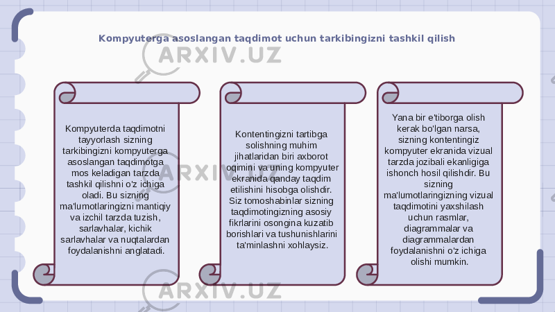 Kompyuterga asoslangan taqdimot uchun tarkibingizni tashkil qilish Kompyuterda taqdimotni tayyorlash sizning tarkibingizni kompyuterga asoslangan taqdimotga mos keladigan tarzda tashkil qilishni o&#39;z ichiga oladi. Bu sizning ma&#39;lumotlaringizni mantiqiy va izchil tarzda tuzish, sarlavhalar, kichik sarlavhalar va nuqtalardan foydalanishni anglatadi. Kontentingizni tartibga solishning muhim jihatlaridan biri axborot oqimini va uning kompyuter ekranida qanday taqdim etilishini hisobga olishdir. Siz tomoshabinlar sizning taqdimotingizning asosiy fikrlarini osongina kuzatib borishlari va tushunishlarini ta&#39;minlashni xohlaysiz. Yana bir e&#39;tiborga olish kerak bo&#39;lgan narsa, sizning kontentingiz kompyuter ekranida vizual tarzda jozibali ekanligiga ishonch hosil qilishdir. Bu sizning ma&#39;lumotlaringizning vizual taqdimotini yaxshilash uchun rasmlar, diagrammalar va diagrammalardan foydalanishni o&#39;z ichiga olishi mumkin. 