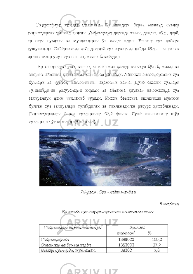 Гидросфера хақида тушунча. Ер юзидаги барча мавжуд сувлар гидросферани ташкил қилади. Гидросфера деганда океан, денгиз, кўл , дарё, ер ости сувлари ва музликларни ўз ичига олган Ернинг сув қобиғи тушунилади. Сайёрамизда ҳаёт дастлаб сув муҳитида пайдо бўлган ва тирик организмлар учун сувнинг аҳамияти беқиёсдир. Ер юзида сув суюқ, қаттиқ ва газсимон ҳолтда мавжуд бўлиб, модда ва энергия айланма ҳаракатида катта рол уйнайди. Айниқса атмосферадаги сув буғлари ва тупроқ намлигининг аҳамияти катта. Дунё океани сувлари тугамайдиган ресурсларга киради ва айланма ҳаракат натижасида сув захиралари доим тикланиб туради. Инсон бевосита ишлатиши мумкин бўлган сув захиралари тугайдиган ва тикланадиган ресурс ҳисобланади. Гидросферадаги барча сувларнинг 97,2 фоизи Дунё океанининг шўр сувларига тўғри келади(8-жадвал). 25-расм. Сув - ҳаёт манбаи 8-жадвал Ер юзида сув заҳираларининг тақсимланиши Гидросфера компонентлари Ҳ ажми минг.км 3 % Г идросфера да 1389000 100,0 Океанлар ва денгизлар да 1350000 97,2 Бошқа сувлар да , жумладан : 39000 2,8 