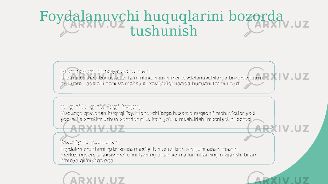 Foydalanuvchi huquqlarini bozorda tushunish Isteʼmolchi himoya qonunlari Isteʼmolchi haq-huquqlarini taʼminlovchi qonunlar foydalanuvchilarga bozorda to&#39;g&#39;ri ma&#39;lumot, adolatli narx va mahsulot xavfsizligi haqida huquqni taʼminlaydi. Toʻgʻri toʻgʻrisidagi huquq Huquqga qaytarish huquqi foydalanuvchilarga bozorda nuqsonli mahsulotlar yoki yoqimli xizmatlar uchun zararlarini to&#39;lash yoki almashtirish imkoniyatini beradi. Maxfiylik huquqlari Foydalanuvchilarning bozorda maxfiylik huquqi bor, shu jumladan, noaniq marketingdan, shaxsiy ma&#39;lumotlarning olishi va ma&#39;lumotlarning o&#39;zgarishi bilan himoya qilinishga ega. 