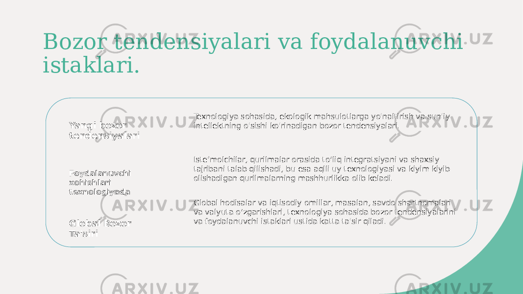 Bozor tendensiyalari va foydalanuvchi istaklari. Yangi bozor tendensiyalari Foydalanuvchi xohishlari texnologiyada Global Bozor Ta&#39;siri Texnologiya sohasida, ekologik mahsulotlarga yo&#39;naltirish va sun&#39;iy intellektning o&#39;sishi ko&#39;rinadigan bozor tendensiyalari. Isteʼmolchilar, qurilmalar orasida toʻliq integratsiyani va shaxsiy tajribani talab qilishadi, bu esa aqlli uy texnologiyasi va kiyim kiyib olishadigan qurilmalarning mashhurlikka olib keladi. Global hodisalar va iqtisodiy omillar, masalan, savdo shartnomalari va valyuta oʻzgarishlari, texnologiya sohasida bozor tendensiyalarini va foydalanuvchi istaklari ustida katta ta&#39;sir qiladi. 