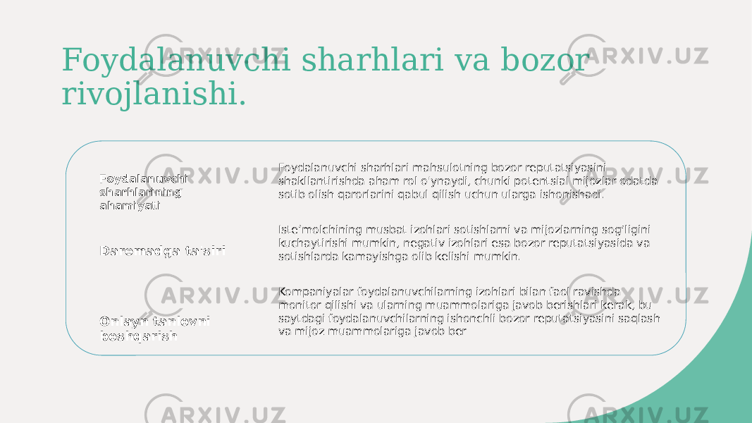 Foydalanuvchi sharhlari va bozor rivojlanishi. Foydalanuvchi sharhlarining ahamiyati Daromadga ta&#39;siri Onlayn tanlovni boshqarish Foydalanuvchi sharhlari mahsulotning bozor reputatsiyasini shakllantirishda aham rol o&#39;ynaydi, chunki potentsial mijozlar odatda sotib olish qarorlarini qabul qilish uchun ularga ishonishadi. Isteʼmolchining musbat izohlari sotishlarni va mijozlarning sogʻligini kuchaytirishi mumkin, negativ izohlari esa bozor reputatsiyasida va sotishlarda kamayishga olib kelishi mumkin. Kompaniyalar foydalanuvchilarning izohlari bilan faol ravishda monitor qilishi va ularning muammolariga javob berishlari kerak, bu saytdagi foydalanuvchilarning ishonchli bozor reputatsiyasini saqlash va mijoz muammolariga javob ber 