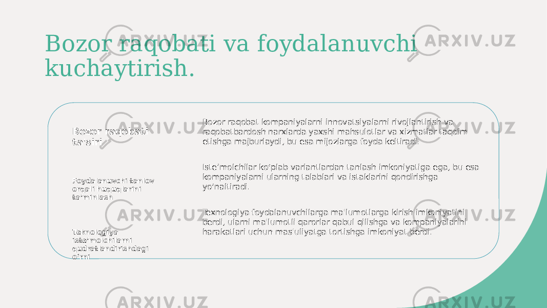 Bozor raqobati va foydalanuvchi kuchaytirish. Bozor raqobati ta&#39;siri Foydalanuvchi tanlov orqali huquqlarini taʼminlash Teknologiya isteʼmolchilarni qudratlandirishdagi oʻrni Bozor raqobat kompaniyalarni innovatsiyalarni rivojlantirish va raqobatbardosh narxlarda yaxshi mahsulotlar va xizmatlar taqdim etishga majburlaydi, bu esa mijozlarga foyda keltiradi. Isteʼmolchilar koʻplab variantlardan tanlash imkoniyatiga ega, bu esa kompaniyalarni ularning talablari va istaklarini qondirishga yoʻnaltiradi. Texnologiya foydalanuvchilarga ma&#39;lumotlarga kirish imkoniyatini berdi, ularni ma&#39;lumotli qarorlar qabul qilishga va kompaniyalarini harakatlari uchun mas&#39;uliyatga tortishga imkoniyat berdi. 