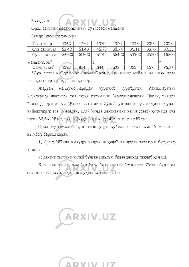 3-жадвал Орол сатùини пасайишининг сув юзаси майдони ùамда ùажмига таъсири Й и л л а р 1960 1970 1980 1990 1995 2000 2005 Сув сатùи, м 53,40 51,43 45,75 38,24 36,11 33,22 30,33 Сув юзаси майдони, км 2 68900 60500 5170 0 36400 31300 23900 16600 * Ùажми, км 3 1093 964 644 323 250 167 96,2 * *Сув юзаси майдони ва ùажми Орол денгизининг майдон ва ùажм эгри чизиқлари графигидан аниқланди. Жадвал маълумотларидан кўриниб турибдики, 90 йилларнинг ўрталарида денгизда сув сатҳи пасайиши барқарорлашган. Лекин, охирги йилларда денгиз уч бўлакка ажралган бўлиб, улардаги сув сатҳлари турли қийматларга эга. Масалан, 1997 йилда денгизнинг катта (саёз) қисмида сув сатҳи 36,6 м бўлса, кичик (чуқур) қисмида 40,0 м га тенг бўлган. Орол муаммосини ҳал этиш учун қуйидаги икки асосий масалага эътибор бериш керак: 1) Орол бўйида вужудга келган ноқулай экологик вазиятни бартараф қилиш; 2) денгиз сатҳини қулай бўлган маълум баландликда сақлаб қолиш. Ҳар икки масала ҳам бир-бири билан узвий боғланган. Лекин биринчи масалани тезроқ ҳал қилиш муҳим аҳамиятга эга 