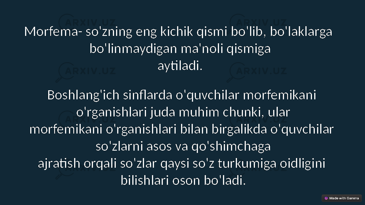 Morfema- so&#39;zning eng kichik qismi bo&#39;lib, bo&#39;laklarga bo&#39;linmaydigan ma&#39;noli qismiga aytiladi. Boshlang&#39;ich sinflarda o&#39;quvchilar morfemikani o&#39;rganishlari juda muhim chunki, ular morfemikani o&#39;rganishlari bilan birgalikda o&#39;quvchilar so&#39;zlarni asos va qo&#39;shimchaga ajratish orqali so&#39;zlar qaysi so&#39;z turkumiga oidligini bilishlari oson bo&#39;ladi. 