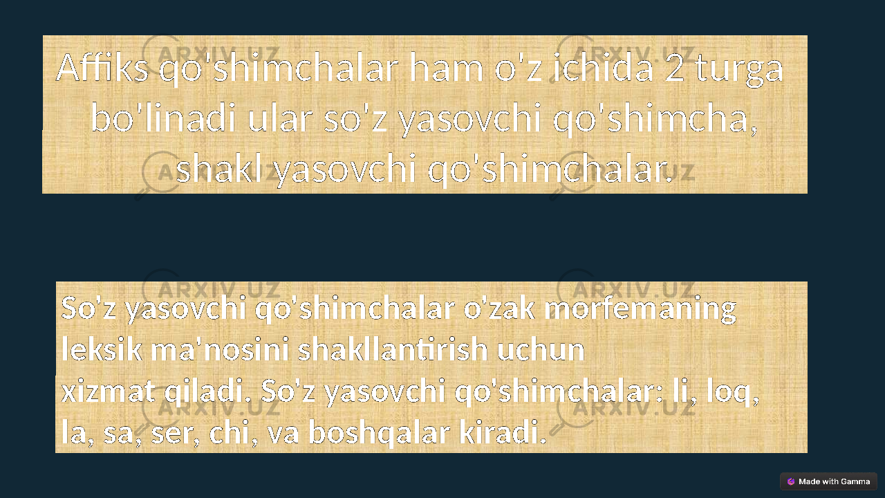 Affiks qo&#39;shimchalar ham o&#39;z ichida 2 turga bo&#39;linadi ular so&#39;z yasovchi qo&#39;shimcha, shakl yasovchi qo&#39;shimchalar. So&#39;z yasovchi qo&#39;shimchalar o&#39;zak morfemaning leksik ma&#39;nosini shakllantirish uchun xizmat qiladi. So&#39;z yasovchi qo&#39;shimchalar: li, loq, la, sa, ser, chi, va boshqalar kiradi. 