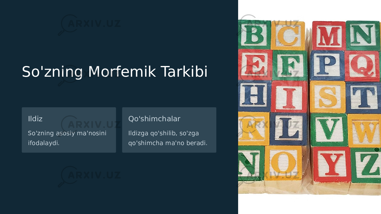 So&#39;zning Morfemik Tarkibi Ildiz So&#39;zning asosiy ma&#39;nosini ifodalaydi. Qo&#39;shimchalar Ildizga qo&#39;shilib, so&#39;zga qo&#39;shimcha ma&#39;no beradi. 