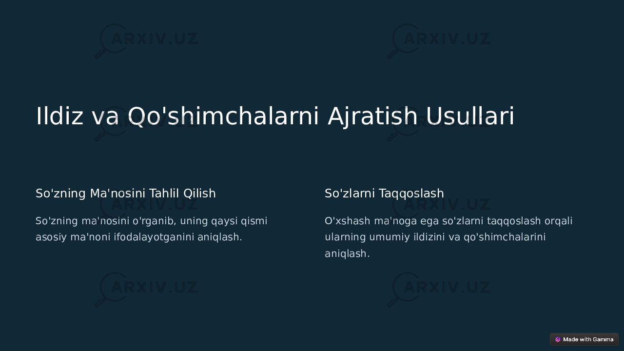 Ildiz va Qo&#39;shimchalarni Ajratish Usullari So&#39;zning Ma&#39;nosini Tahlil Qilish So&#39;zning ma&#39;nosini o&#39;rganib, uning qaysi qismi asosiy ma&#39;noni ifodalayotganini aniqlash. So&#39;zlarni Taqqoslash O&#39;xshash ma&#39;noga ega so&#39;zlarni taqqoslash orqali ularning umumiy ildizini va qo&#39;shimchalarini aniqlash. 