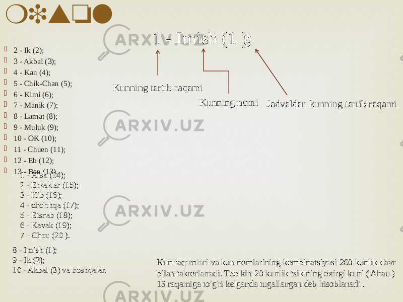 Tzolkin kalendariga misol  2 - Ik (2);  3 - Akbal (3);  4 - Kan (4);  5 - Chik-Chan (5);  6 - Kimi (6);  7 - Manik (7);  8 - Lamat (8);  9 - Muluk (9);  10 - OK (10);  11 - Chuen (11);  12 - Eb (12);  13 - Ben (13). Kunning tartib raqami Kunning nomi Jadvaldan kunning tartib raqami Kun raqamlari va kun nomlarining kombinatsiyasi 260 kunlik davr bilan takrorlanadi. Tzolkin 20 kunlik tsiklning oxirgi kuni ( Ahau ) 13 raqamiga to&#39;g&#39;ri kelganda tugallangan deb hisoblanadi .1 - Imish (1 ); 1 - Xish (14); 2 - Erkaklar (15); 3 - Kib (16); 4 - cho&#39;chqa (17); 5 - Etsnab (18); 6 - Kavak (19); 7 - Ohau (20 ). 8 - Imish (1); 9 - Ik (2); 10 - Akbal (3) va boshqalar. 