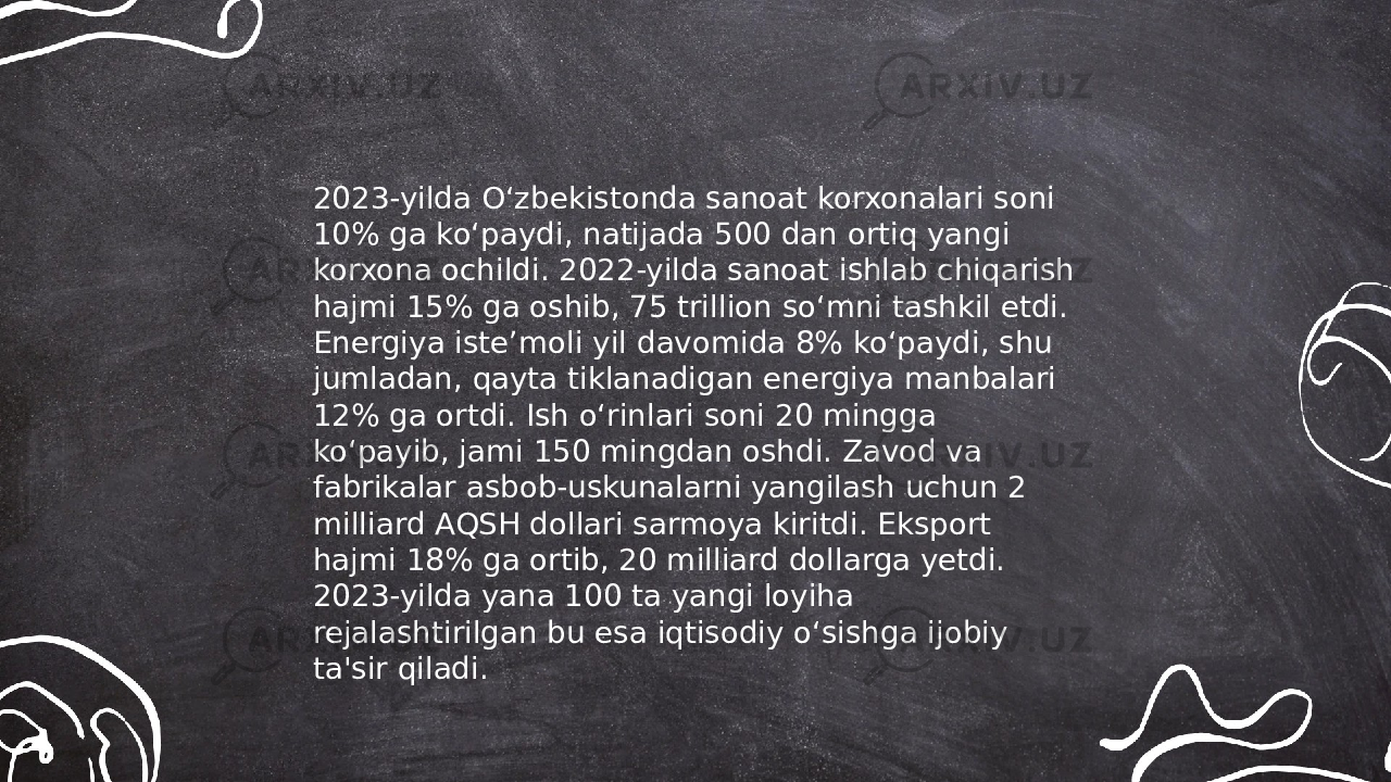 ... t.me/slaydai_bot 2023-yilda Oʻzbekistonda sanoat korxonalari soni 10% ga koʻpaydi, natijada 500 dan ortiq yangi korxona ochildi. 2022-yilda sanoat ishlab chiqarish hajmi 15% ga oshib, 75 trillion soʻmni tashkil etdi. Energiya isteʼmoli yil davomida 8% koʻpaydi, shu jumladan, qayta tiklanadigan energiya manbalari 12% ga ortdi. Ish oʻrinlari soni 20 mingga koʻpayib, jami 150 mingdan oshdi. Zavod va fabrikalar asbob-uskunalarni yangilash uchun 2 milliard AQSH dollari sarmoya kiritdi. Eksport hajmi 18% ga ortib, 20 milliard dollarga yetdi. 2023-yilda yana 100 ta yangi loyiha rejalashtirilgan bu esa iqtisodiy oʻsishga ijobiy ta&#39;sir qiladi. 
