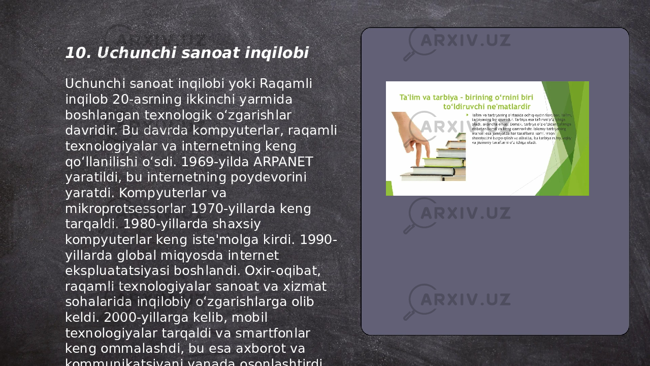... t.me/slaydai_bot10. Uchunchi sanoat inqilobi Uchunchi sanoat inqilobi yoki Raqamli inqilob 20-asrning ikkinchi yarmida boshlangan texnologik o‘zgarishlar davridir. Bu davrda kompyuterlar, raqamli texnologiyalar va internetning keng qo‘llanilishi o‘sdi. 1969-yilda ARPANET yaratildi, bu internetning poydevorini yaratdi. Kompyuterlar va mikroprotsessorlar 1970-yillarda keng tarqaldi. 1980-yillarda shaxsiy kompyuterlar keng iste&#39;molga kirdi. 1990- yillarda global miqyosda internet ekspluatatsiyasi boshlandi. Oxir-oqibat, raqamli texnologiyalar sanoat va xizmat sohalarida inqilobiy o‘zgarishlarga olib keldi. 2000-yillarga kelib, mobil texnologiyalar tarqaldi va smartfonlar keng ommalashdi, bu esa axborot va kommunikatsiyani yanada osonlashtirdi. 