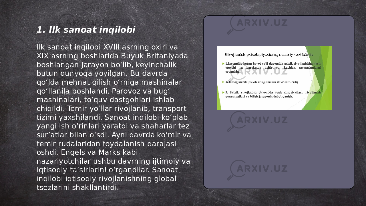 ... t.me/slaydai_bot1. Ilk sanoat inqilobi Ilk sanoat inqilobi XVIII asrning oxiri va XIX asrning boshlarida Buyuk Britaniyada boshlangan jarayon bo‘lib, keyinchalik butun dunyoga yoyilgan. Bu davrda qo‘lda mehnat qilish o‘rniga mashinalar qo‘llanila boshlandi. Parovoz va bug‘ mashinalari, to‘quv dastgohlari ishlab chiqildi. Temir yo‘llar rivojlanib, transport tizimi yaxshilandi. Sanoat inqilobi ko‘plab yangi ish o‘rinlari yaratdi va shaharlar tez sur’atlar bilan o‘sdi. Ayni davrda ko‘mir va temir rudalaridan foydalanish darajasi oshdi. Engels va Marks kabi nazariyotchilar ushbu davrning ijtimoiy va iqtisodiy ta’sirlarini o‘rgandilar. Sanoat inqilobi iqtisodiy rivojlanishning global tsezlarini shakllantirdi. 