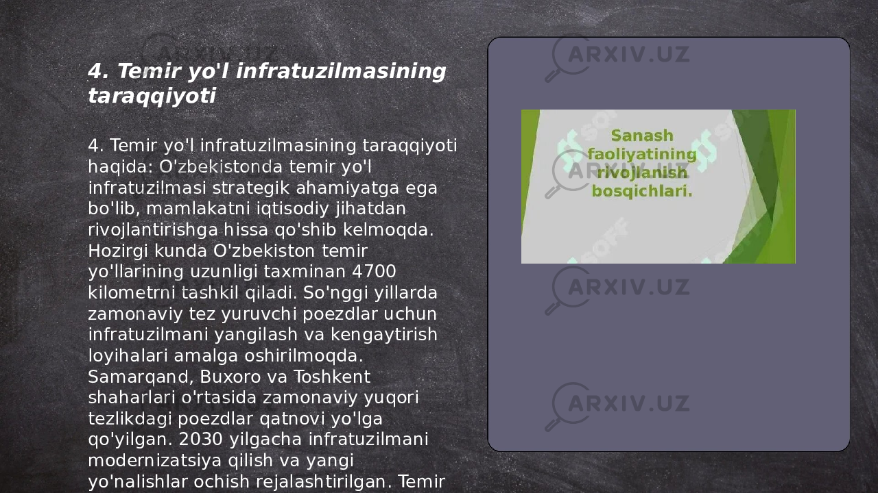 ... t.me/slaydai_bot4. Temir yo&#39;l infratuzilmasining taraqqiyoti 4. Temir yo&#39;l infratuzilmasining taraqqiyoti haqida: O&#39;zbekistonda temir yo&#39;l infratuzilmasi strategik ahamiyatga ega bo&#39;lib, mamlakatni iqtisodiy jihatdan rivojlantirishga hissa qo&#39;shib kelmoqda. Hozirgi kunda O&#39;zbekiston temir yo&#39;llarining uzunligi taxminan 4700 kilometrni tashkil qiladi. So&#39;nggi yillarda zamonaviy tez yuruvchi poezdlar uchun infratuzilmani yangilash va kengaytirish loyihalari amalga oshirilmoqda. Samarqand, Buxoro va Toshkent shaharlari o&#39;rtasida zamonaviy yuqori tezlikdagi poezdlar qatnovi yo&#39;lga qo&#39;yilgan. 2030 yilgacha infratuzilmani modernizatsiya qilish va yangi yo&#39;nalishlar ochish rejalashtirilgan. Temir yo&#39;lning yillik yuk tashish xajmi esa 70 million tonnaga yetkazilishi mo&#39;ljallangan. 