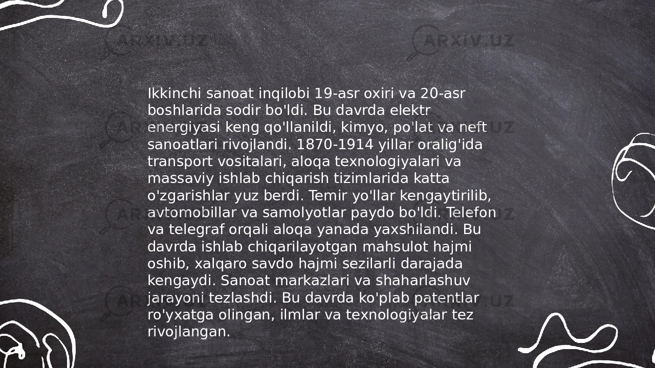... t.me/slaydai_bot Ikkinchi sanoat inqilobi 19-asr oxiri va 20-asr boshlarida sodir bo&#39;ldi. Bu davrda elektr energiyasi keng qo&#39;llanildi, kimyo, po&#39;lat va neft sanoatlari rivojlandi. 1870-1914 yillar oralig&#39;ida transport vositalari, aloqa texnologiyalari va massaviy ishlab chiqarish tizimlarida katta o&#39;zgarishlar yuz berdi. Temir yo&#39;llar kengaytirilib, avtomobillar va samolyotlar paydo bo&#39;ldi. Telefon va telegraf orqali aloqa yanada yaxshilandi. Bu davrda ishlab chiqarilayotgan mahsulot hajmi oshib, xalqaro savdo hajmi sezilarli darajada kengaydi. Sanoat markazlari va shaharlashuv jarayoni tezlashdi. Bu davrda ko&#39;plab patentlar ro&#39;yxatga olingan, ilmlar va texnologiyalar tez rivojlangan. 