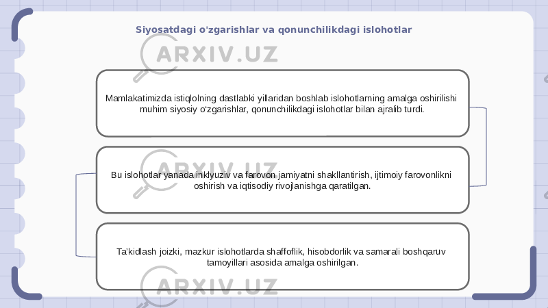 Siyosatdagi o&#39;zgarishlar va qonunchilikdagi islohotlar Mamlakatimizda istiqlolning dastlabki yillaridan boshlab islohotlarning amalga oshirilishi muhim siyosiy o‘zgarishlar, qonunchilikdagi islohotlar bilan ajralib turdi. Bu islohotlar yanada inklyuziv va farovon jamiyatni shakllantirish, ijtimoiy farovonlikni oshirish va iqtisodiy rivojlanishga qaratilgan. Ta’kidlash joizki, mazkur islohotlarda shaffoflik, hisobdorlik va samarali boshqaruv tamoyillari asosida amalga oshirilgan. 