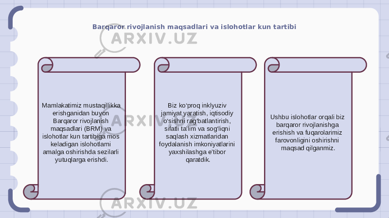 Barqaror rivojlanish maqsadlari va islohotlar kun tartibi Mamlakatimiz mustaqillikka erishganidan buyon Barqaror rivojlanish maqsadlari (BRM) va islohotlar kun tartibiga mos keladigan islohotlarni amalga oshirishda sezilarli yutuqlarga erishdi. Biz ko‘proq inklyuziv jamiyat yaratish, iqtisodiy o‘sishni rag‘batlantirish, sifatli ta’lim va sog‘liqni saqlash xizmatlaridan foydalanish imkoniyatlarini yaxshilashga e’tibor qaratdik. Ushbu islohotlar orqali biz barqaror rivojlanishga erishish va fuqarolarimiz farovonligini oshirishni maqsad qilganmiz. 