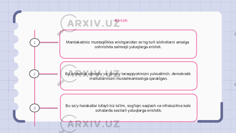 Kirish Mamlakatimiz mustaqillikka erishganidan so‘ng turli islohotlarni amalga oshirishda salmoqli yutuqlarga erishdi. Bu islohotlar iqtisodiy va ijtimoiy taraqqiyotimizni yuksaltirish, demokratik institutlarimizni mustahkamlashga qaratilgan. Bu sa’y-harakatlar tufayli biz ta’lim, sog‘liqni saqlash va infratuzilma kabi sohalarda sezilarli yutuqlarga erishdik.1 2 3 