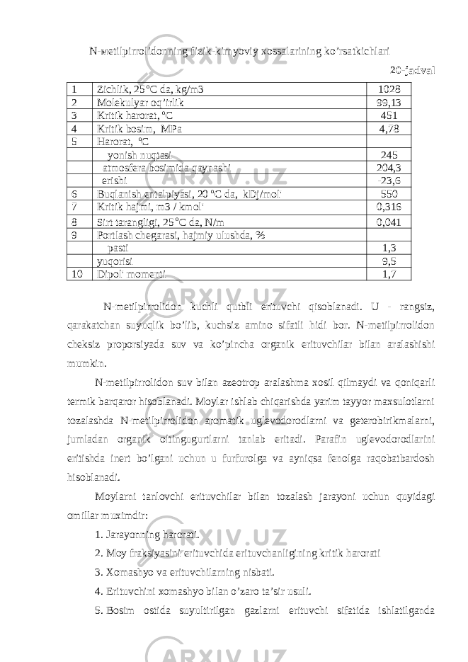 N-ме tilpirrolidonning fizik-kimyoviy xossalarining ko’rsatkichlari 20-jadval 1 Zichlik, 25 o C da, kg/m3 1028 2 Molekulyar oq’irlik 99,13 3 Kritik harorat, o C 451 4 Kritik bosim, MPa 4,78 5 Harorat, o C yonish nuqtasi 245 atmosfera bosimida qaynashi 204,3 erishi -23,6 6 Buqlanish entalpiyasi, 20 o C da, kDj/mol&#39; 550 7 Kritik hajmi, m3 / kmol&#39; 0,316 8 Sirt tarangligi, 25 o C da, N/m 0,041 9 Portlash chegarasi, hajmiy ulushda, % pasti 1,3 yuqorisi 9,5 10 Dipol&#39; momenti 1,7 N-metilpirrolidon kuchli qutbli erituvchi qisoblanadi. U - rangsiz, qarakatchan suyuqlik bo’lib, kuchsiz amino sifatli hidi bor. N-metilpirrolidon cheksiz proporsiyada suv va ko’pincha organik erituvchilar bilan aralashishi mumkin. N-metilpirrolidon suv bilan azeotrop aralashma xosil qilmaydi va qoniqarli termik barqaror hisoblanadi. Moylar ishlab chiqarishda yarim tayyor maxsulotlarni tozalashda N-metilpirrolidon aromatik uglevodorodlarni va geterobirikmalarni, jumladan organik oltingugurtlarni tanlab eritadi. Parafin uglevodorodlarini eritishda inert bo’lgani uchun u furfurolga va ayniqsa fenolga raqobatbardosh hisoblanadi. Moylarni tanlovchi erituvchilar bilan tozalash jarayoni uchun quyidagi omillar muximdir: 1. Jarayonning harorati. 2. Moy fraksiyasini erituvchida erituvchanligining kritik harorati 3. Xomashyo va erituvchilarning nisbati. 4. Erituvchini xomashyo bilan o’zaro ta’sir usuli. 5. Bosim ostida suyultirilgan gazlarni erituvchi sifatida ishlatilganda 