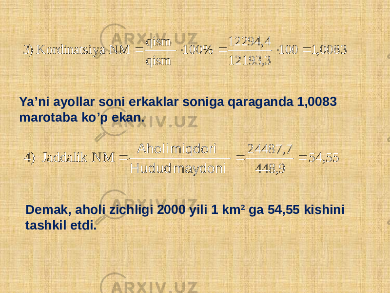 Ya’ni ayollar soni erkaklar soniga qaraganda 1,0083 marotaba ko’p ekan. Dеmak, aholi zichligi 2000 yili 1 km 2 ga 54,55 kishini tashkil etdi. 0083,1100 3,12193 4,12294 %100 qism qism NM yaKordinatsi )3 55, 54 9, 448 7, 24487 NM Jaddalik ) 4    maydoni Hudud miqdori Aholi 