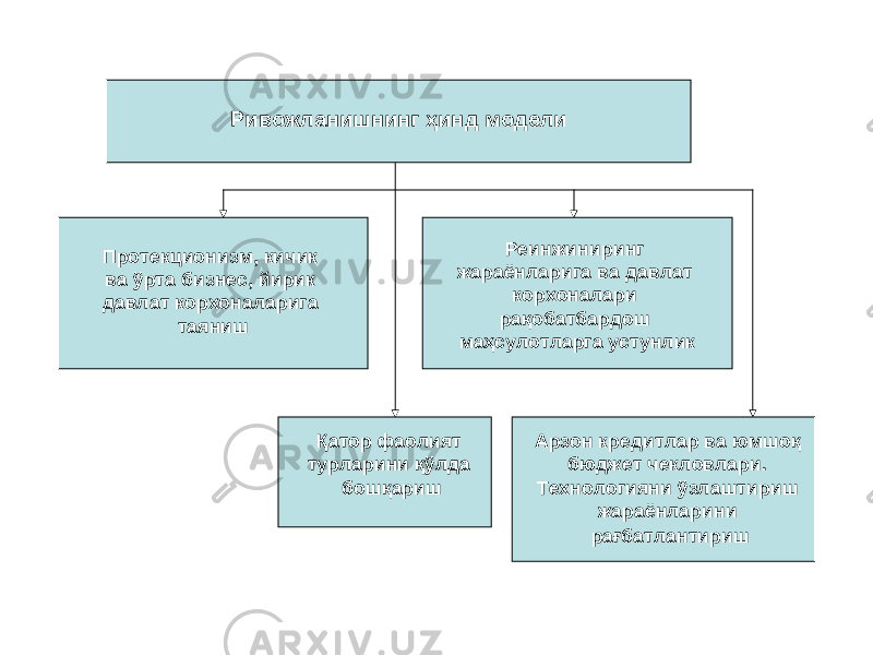 Протекционизм, кичик ва ўрта бизнес, йирик давлат корхоналарига таяниш Қатор фаолият турларини қўлда бошқариш Реинжиниринг жараёнларига ва давлат корхоналари рақобатбардош маҳсулотларга устунлик Арзон кредитлар ва юмшоқ бюджет чекловлари. Технологияни ўзлаштириш жараёнларини рағбатлантириш Ривожланишнинг ҳинд модели 