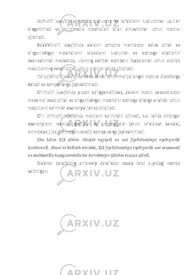 Ettinchi bosqichda alohida tushuncha va ta’kidlarni tushuntirish usullari o`zgartiriladi va multimedia materiallari bilan almashtirish uchun matnlar ajratiladi. Sakkizinchi bosqichda ekranni ortiqcha matnlardan xolos qilish va o`rganilaëtgan materiallarni talabalarni tushunish va xotiraga olishlarini osonlashtirish maqsadida, ularning eshitish xotirasini foydalanish uchun alohida modullarning ovozli qilish uchun matnlar ishlab chiqiladi. To`qqizinchi bosqichda ovoz berish uchun mo`ljallangan matnlar diktofonga ëziladi va kompyuterga joylashtiriladi. O`ninchi bosqichda yuqori ko`rgazmalilikka, ekranni matnli axborotlardan maksimal ozod qilish va o`rganilaëtgan materialni xotiraga olishga erishish uchun modullarni ko`rinish stsenariysi ishlab chiqiladi. O`n birinchi bosqichda matnlarni ko`rinishli qilinadi, b.a. ishlab chiqilgan stsenariylarni rasmlar, grafiklar va animatsiyalar (shuni ta’kidlash kerakki, animatsiya juda qimmatga tushadi) kompyuterga joylashtiriladi. Shu bilan ED ishlab chiqish tugaydi va uni foydalanishga tayërgarlik boshlanadi. Shuni ta’kidlash kerakki, ED foydalanishga tayërgarlik uni mazmunli va multimedia komponentalarini korrektsiya qilishni taqoza qiladi. Elektron darslikning an’anaviy darslikdan asosiy farqi quyidagi rasmda keltirilgan: 