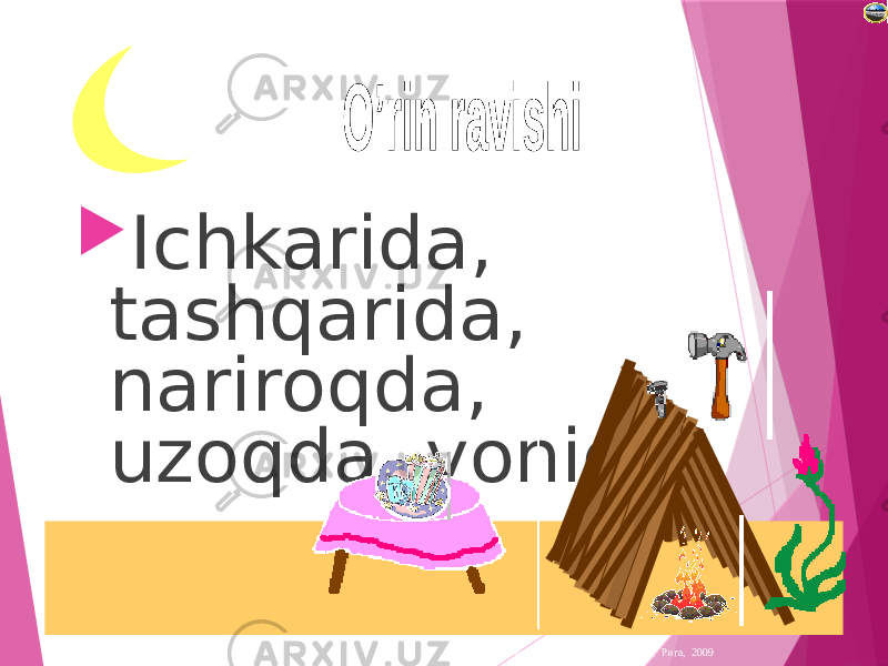 Лазарева Лидия Андреевна, учитель начальных классов, Рижская основная школа «ПАРДАУГАВА», Рига, 2009 Ichkarida, tashqarida, nariroqda, uzoqda, yonida . 