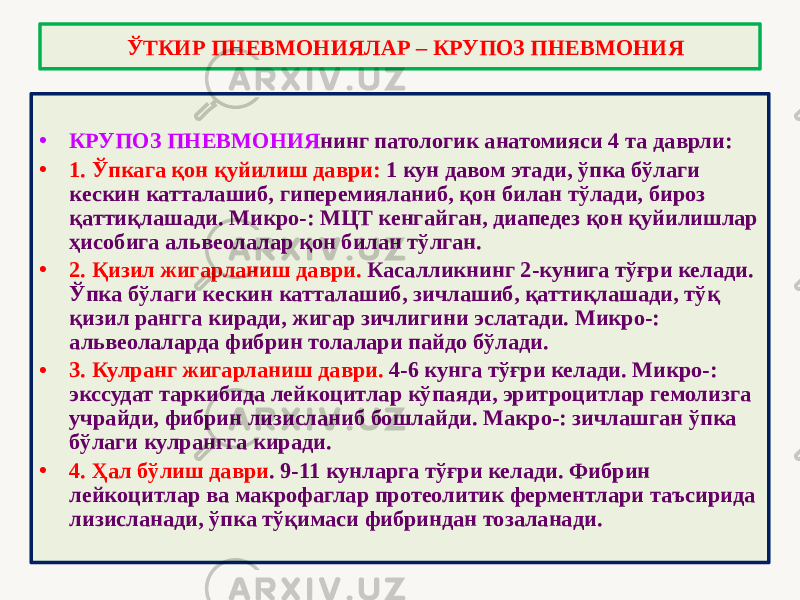 • КРУПОЗ ПНЕВМОНИЯ нинг патологик анатомияси 4 та даврли: • 1. Ўпкага қон қуйилиш даври: 1 кун давом этади, ўпка бўлаги кескин катталашиб, гиперемияланиб, қон билан тўлади, бироз қаттиқлашади. Микро-: МЦТ кенгайган, диапедез қон қуйилишлар ҳисобига альвеолалар қон билан тўлган. • 2. Қизил жигарланиш даври. Касалликнинг 2-кунига тўғри келади. Ўпка бўлаги кескин катталашиб, зичлашиб, қаттиқлашади, тўқ қизил рангга киради, жигар зичлигини эслатади. Микро-: альвеолаларда фибрин толалари пайдо бўлади. • 3. Кулранг жигарланиш даври. 4-6 кунга тўғри келади. Микро-: экссудат таркибида лейкоцитлар кўпаяди, эритроцитлар гемолизга учрайди, фибрин лизисланиб бошлайди. Макро-: зичлашган ўпка бўлаги кулрангга киради. • 4. Ҳал бўлиш даври . 9-11 кунларга тўғри келади. Фибрин лейкоцитлар ва макрофаглар протеолитик ферментлари таъсирида лизисланади, ўпка тўқимаси фибриндан тозаланади. ЎТКИР ПНЕВМОНИЯЛАР – КРУПОЗ ПНЕВМОНИЯ 