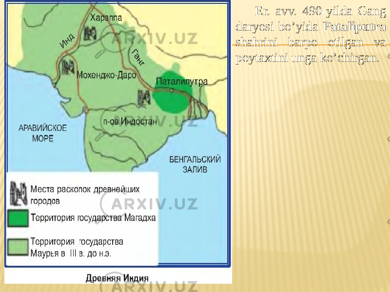Er. avv. 490-yilda Gang daryosi bo’yida Pataliputra shahrini barpo etilgan va poytaxtini unga ko’chirgan. 