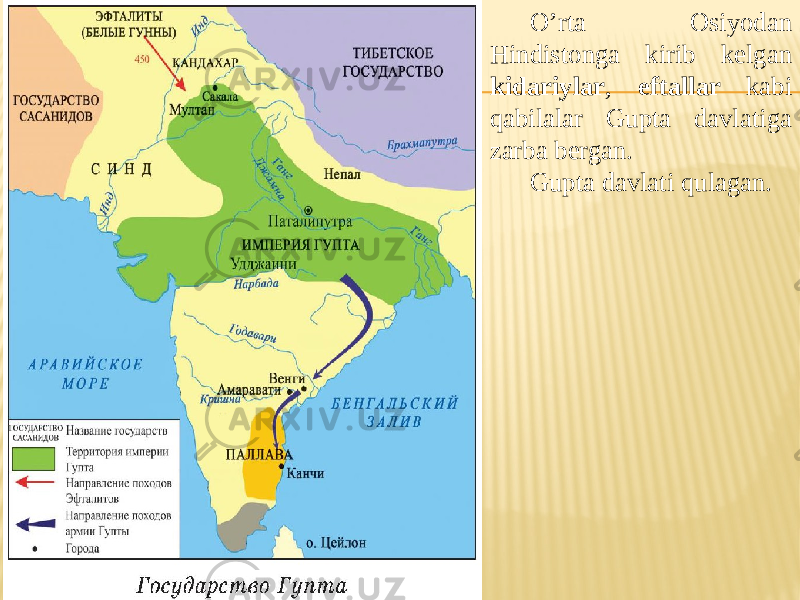 O’rta Osiyodan Hindistonga kirib kelgan kidariylar , eftallar kabi qabilalar Gupta davlatiga zarba bergan. Gupta davlati qulagan. 