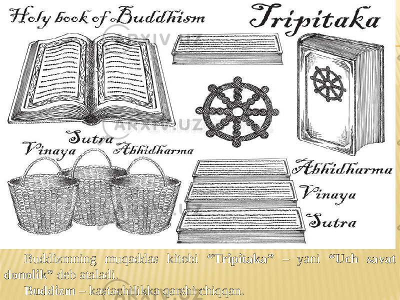 Buddizmning muqaddas kitobi “Tripitaka” – yani “Uch savat donolik” deb ataladi. Buddizm – kastachilikka qarshi chiqqan. 