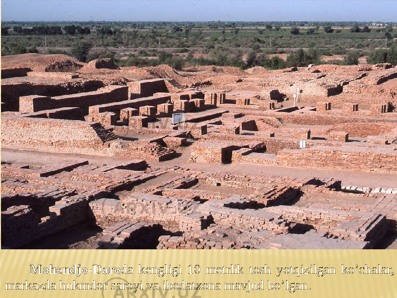  Mohendjo-Daro da kengligi 10 metrlik tosh yotqizilgan ko’chalar, markazda hukmdor saroyi va ibodatxona mavjud bo’lgan. 