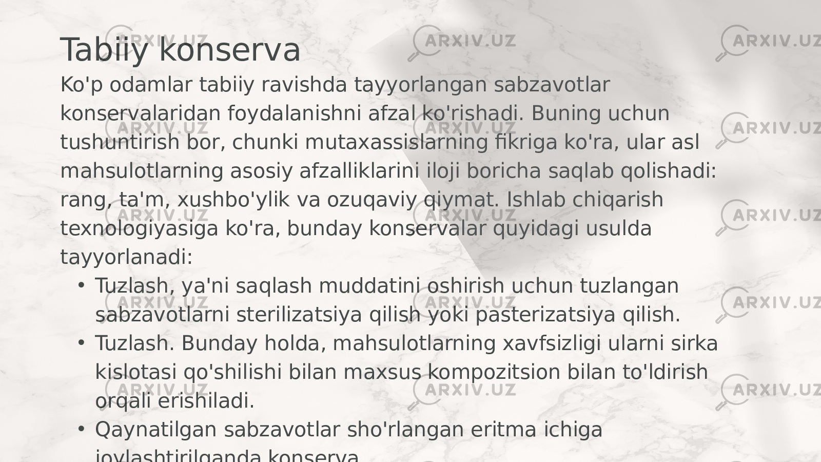 Tabiiy konserva Ko&#39;p odamlar tabiiy ravishda tayyorlangan sabzavotlar konservalaridan foydalanishni afzal ko&#39;rishadi. Buning uchun tushuntirish bor, chunki mutaxassislarning fikriga ko&#39;ra, ular asl mahsulotlarning asosiy afzalliklarini iloji boricha saqlab qolishadi: rang, ta&#39;m, xushbo&#39;ylik va ozuqaviy qiymat. Ishlab chiqarish texnologiyasiga ko&#39;ra, bunday konservalar quyidagi usulda tayyorlanadi: • Tuzlash, ya&#39;ni saqlash muddatini oshirish uchun tuzlangan sabzavotlarni sterilizatsiya qilish yoki pasterizatsiya qilish. • Tuzlash. Bunday holda, mahsulotlarning xavfsizligi ularni sirka kislotasi qo&#39;shilishi bilan maxsus kompozitsion bilan to&#39;ldirish orqali erishiladi. • Qaynatilgan sabzavotlar sho&#39;rlangan eritma ichiga joylashtirilganda konserva. 