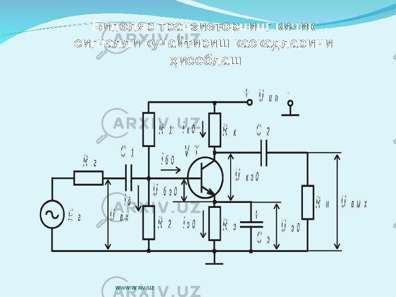 Биполяр транзисторнинг кичик сигналли кучайтириш каскадларини ҳисоблашR э R к Iк 0 Iб 0 U и п + U к э 0 Iэ 0 R 1 R 2 С э + U б э 0 U э 0 Iд - C 2 C 1 R г U в х R н U в ы х V T E г www.arxiv.uz 
