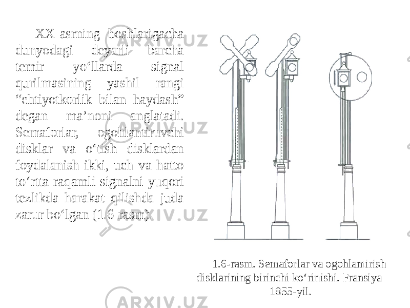 XX-asrning boshlarigacha dunyodagi deyarli barcha temir yo‘llarda signal qurilmasining yashil rangi “ehtiyotkorlik bilan haydash” degan ma’noni anglatadi. Semaforlar, ogohlantiruvchi disklar va o‘tish disklardan foydalanish ikki, uch va hatto to‘rtta raqamli signalni yuqori tezlikda harakat qilishda juda zarur bo‘lgan (1.6-rasm). 1.6-rasm. Semaforlar va ogohlantirish disklarining birinchi ko‘rinishi. Fransiya 1855-yil. 