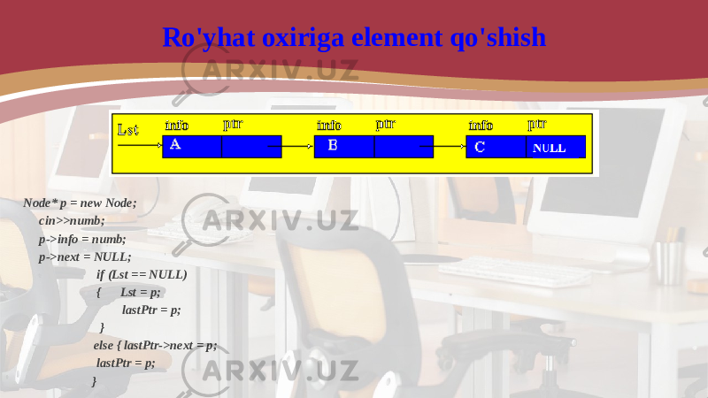 Ro&#39;yhat oxiriga element qo&#39;shish Node* p = new Node; cin>>numb; p->info = numb; p->next = NULL; if (Lst == NULL) { Lst = p; lastPtr = p; } else { lastPtr->next = p; lastPtr = p; } 