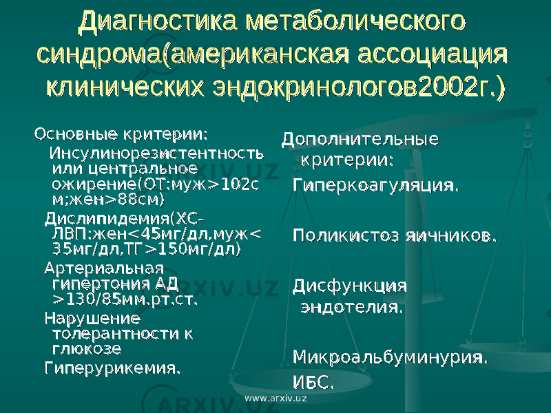 Диагностика метаболического Диагностика метаболического синдрома(американская ассоциация синдрома(американская ассоциация клинических эндокринологов2002г.)клинических эндокринологов2002г.) Основные критерии:Основные критерии: Инсулинорезистентность Инсулинорезистентность или центральное или центральное ожирение(ОТ:мужожирение(ОТ:муж >102>102 сс м;женм;жен >> 88см)88см) Дислипидемия(ХС-Дислипидемия(ХС- ЛВП:женЛВП:жен << 45мг/дл,муж45мг/дл,муж << 35мг/дл,ТГ35мг/дл,ТГ >> 150мг/дл)150мг/дл) Артериальная Артериальная гипертония АД гипертония АД >> 130/85мм.рт.ст.130/85мм.рт.ст. Нарушение Нарушение толерантности к толерантности к глюкозеглюкозе Гиперурикемия.Гиперурикемия. Дополнительные Дополнительные критерии:критерии: Гиперкоагуляция.Гиперкоагуляция. Поликистоз яичников.Поликистоз яичников. Дисфункция Дисфункция эндотелия.эндотелия. Микроальбуминурия.Микроальбуминурия. ИБС.ИБС. www.arxiv.uz 