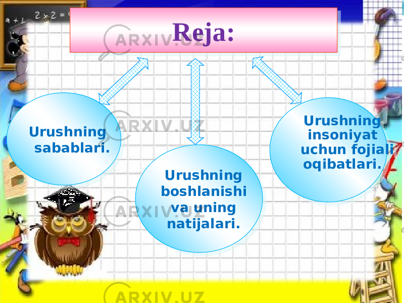 Urushning sabablari. Reja: Urushning insoniyat uchun fojiali oqibatlari. Urushning boshlanishi va uning natijalari.01 09 040A 0A25 01 07 09 03 0E 0102 0B 15 06 