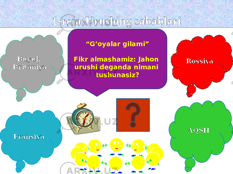 1-reja:Urushing sabablari Fransiya Buyuk Britaniya Rossiya AQSH“ G’oyalar gilami” Fikr almashamiz: Jahon urushi deganda nimani tushunasiz?2D021B 