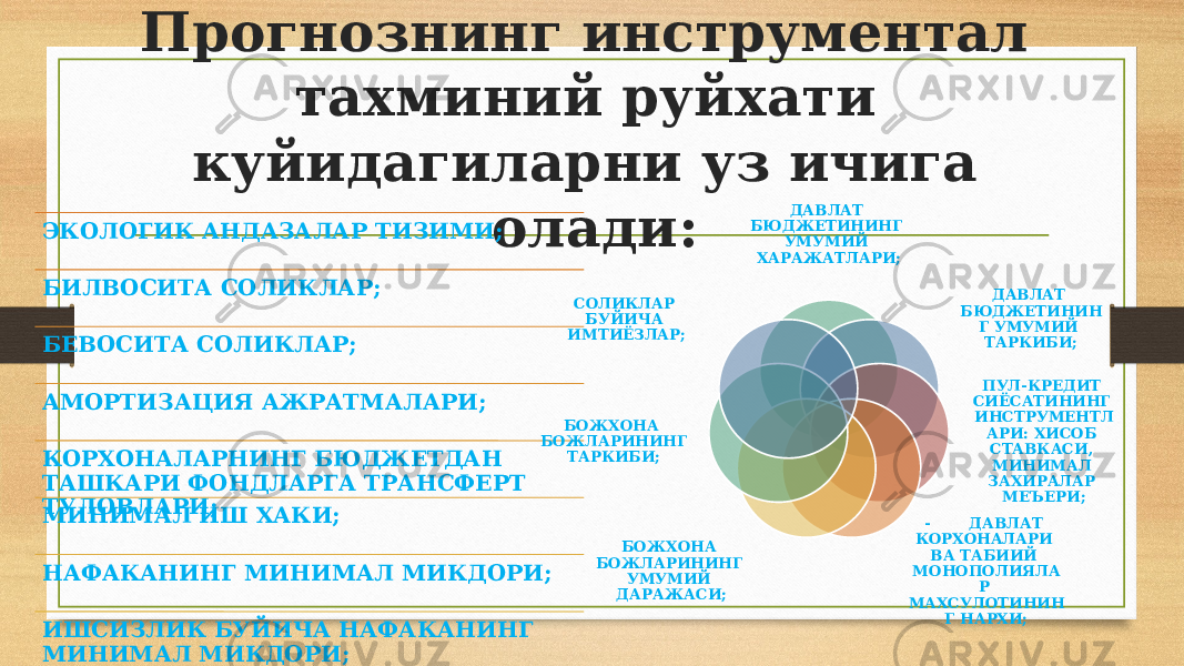 Прогнознинг инструментал тахминий pуйхати куйидагиларни уз ичига олади:ЭКОЛОГИК АНДАЗАЛАР ТИЗИМИ; БИЛВОСИТА СОЛИКЛАР; БЕВОСИТА СОЛИКЛАР; АМОРТИЗАЦИЯ АЖРАТМАЛАРИ; КОРХОНАЛАРНИНГ БЮДЖЕТДАН ТАШКАРИ ФОНДЛАРГА ТРАНСФЕРТ ТУЛОВЛАРИ; МИНИМАЛ ИШ ХАКИ; НАФАКАНИНГ МИНИМАЛ МИКДОРИ; ИШСИЗЛИК БУЙИЧА НАФАКАНИНГ МИНИМАЛ МИКДОРИ; ДАВЛАТ БЮДЖЕТИНИНГ УМУМИЙ ХАРАЖАТЛАРИ; ДАВЛАТ БЮДЖЕТИНИН Г УМУМИЙ ТАРКИБИ; ПУЛ-КРЕДИТ СИЁСАТИНИНГ ИНСТРУМЕНТЛ АРИ: ХИСОБ СТАВКАСИ, МИНИМАЛ ЗАХИРАЛАР МЕЪЕРИ; - ДАВЛАТ КОРХОНАЛАРИ ВА ТАБИИЙ МОНОПОЛИЯЛА Р МАХСУЛОТИНИН Г НАРХИ;БОЖХОНА БОЖЛАРИНИНГ УМУМИЙ ДАРАЖАСИ;БОЖХОНА БОЖЛАРИНИНГ ТАРКИБИ; СОЛИКЛАР БУЙИЧА ИМТИЁЗЛАР; 