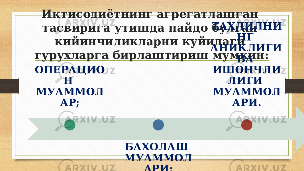 Иктисодиётнинг агрегатлашган тасвирига утишда пайдо булган кийинчиликларни куйидаги гурухларга бирлаштириш мумкин: ОПЕРАЦИО Н МУАММОЛ АР; БАХОЛАШ МУАММОЛ АРИ; ТАХЛИЛНИ НГ АНИКЛИГИ ВА ИШОНЧЛИ ЛИГИ МУАММОЛ АРИ. 