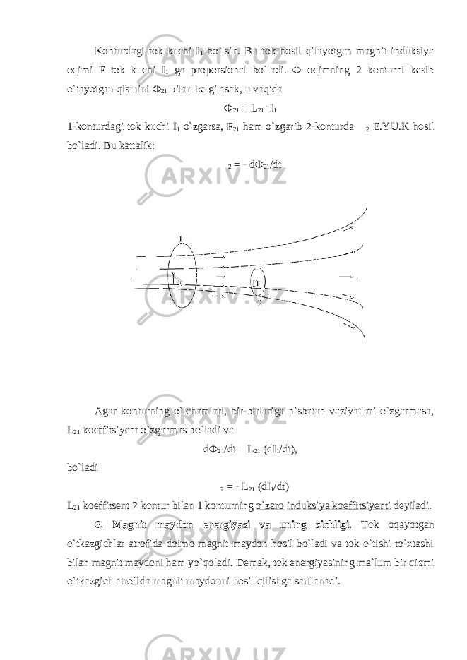 Konturdagi tok kuchi I 1 bo`lsin. Bu tok hosil qilayotgan magnit induksiya oqimi F tok kuchi I 1 ga proporsional bo`ladi. Ф oqimning 2 konturni kesib o`tayotgan qismini Ф 21 bilan belgilasak, u vaqtda Ф 21 = L 21 . I 1 1-konturdagi tok kuchi I 1 o`zgarsa, F 21 ham o`zgarib 2-konturda  2 E.YU.K hosil bo`ladi. Bu kattalik:  2 = - d Ф 21 /dt Agar konturning o`lchamlari, bir-birlariga nisbatan vaziyatlari o`zgarmasa, L 21 koeffitsiyent o`zgarmas bo`ladi va d Ф 21 /dt = L 21 (dI 1 /dt), bo`ladi    2 = - L 21 (dI 1 /dt) L 21 koeffitsent 2 kontur bilan 1 konturning o`zaro induksiya koeffitsiyenti deyiladi. 6. Magnit maydon energiyasi va uning zichligi. Tok o q ayotgan o`tkazgichlar atrofida doimo magnit maydon hosil bo`ladi va tok o`tishi to`xtashi bilan magnit maydoni ham yo` q oladi. Demak, tok energiyasining ma`lum bir qismi o`tkazgich atrofida magnit maydonni hosil qilishga sarflanadi. 