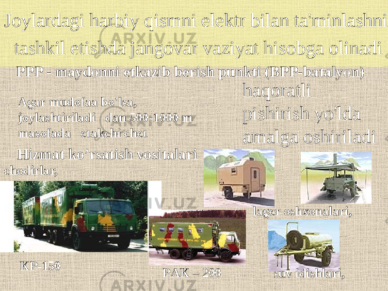 Joylardagi harbiy qismni elektr bilan ta&#39;minlashni tashkil etishda jangovar vaziyat hisobga olinadi PPP - maydonni etkazib berish punkti (BPP-batalyon) haqoratli pishirish yo&#39;lda amalga oshiriladi Hizmat ko’rsatish vositalari chodirlar, . КP-150 lager oshxonalari, suv idishlari,PАК – 200 Agar mudofaa bo&#39;lsa, joylashtiriladi dan 500-1000 m masofada etakchi chet 