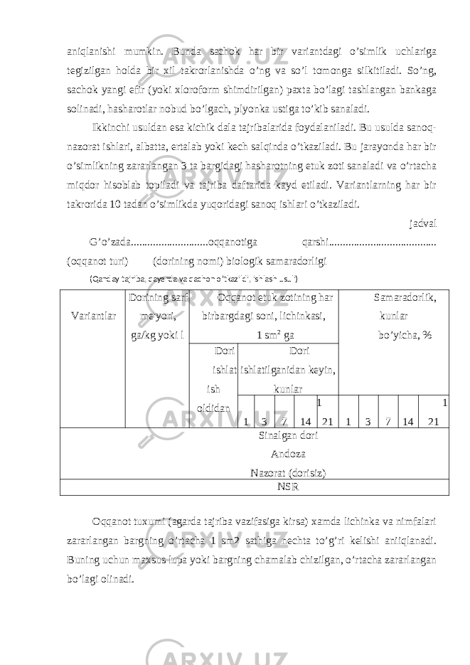 aniqlanishi mumkin. Bunda sachok har bir variantdagi o’simlik uchlariga tegizilgan holda bir xil takrorlanishda o’ng va so’l tomonga silkitiladi. So’ng, sachok yangi efir (yoki xloroform shimdirilgan) paxta bo’lagi tashlangan bankaga solinadi, hasharotlar nobud bo’lgach, plyonka ustiga to’kib sanaladi. Ikkinchi usuldan esa kichik dala tajribalarida foydalaniladi. Bu usulda sanoq- nazorat ishlari, albatta, ertalab yoki kech salqinda o’tkaziladi. Bu jarayonda har bir o’simlikning zararlangan 3 ta bargidagi hasharotning etuk zoti sanaladi va o’rtacha miqdor hisoblab topiladi va tajriba daftarida kayd etiladi. Variantlarning har bir takrorida 10 tadan o’simlikda yuqoridagi sanoq ishlari o’tkaziladi. jadval G’o’zada............................oqqanotiga qarshi....................................... (oqqanot turi) (dorining nomi) biologik samaradorligi (Qanday tajriba, qayerda va qachon o’tkazildi, ishlash usuli) Variantlar Dorining sarf me&#39;yori, ga/kg yoki l Oqqanot etuk zotining har birbargdagi soni, lichinkasi, 1 sm 2 ga Samaradorlik, kunlar bo’yicha, % Dori ishlat ish oldidan Dori ishlatilganidan keyin, kunlar 1 3 7 1 14 21 1 3 7 14 1 21 Sinalgan dori Andoza Nazorat (dorisiz) NSR Oqqanot tuxumi (agarda tajriba vazifasiga kirsa) xamda lichinka va nimfalari zararlangan bargning o’rtacha 1 sm2 sathiga nechta to’g’ri kelishi aniiqlanadi. Buning uchun maxsus lupa yoki bargning chamalab chizilgan, o’rtacha zararlangan bo’lagi olinadi. 